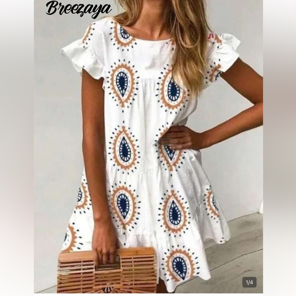 SHEIN White A-Line Dress with Navy and Tan Paisley Print Ruffle Hem size L NWOT